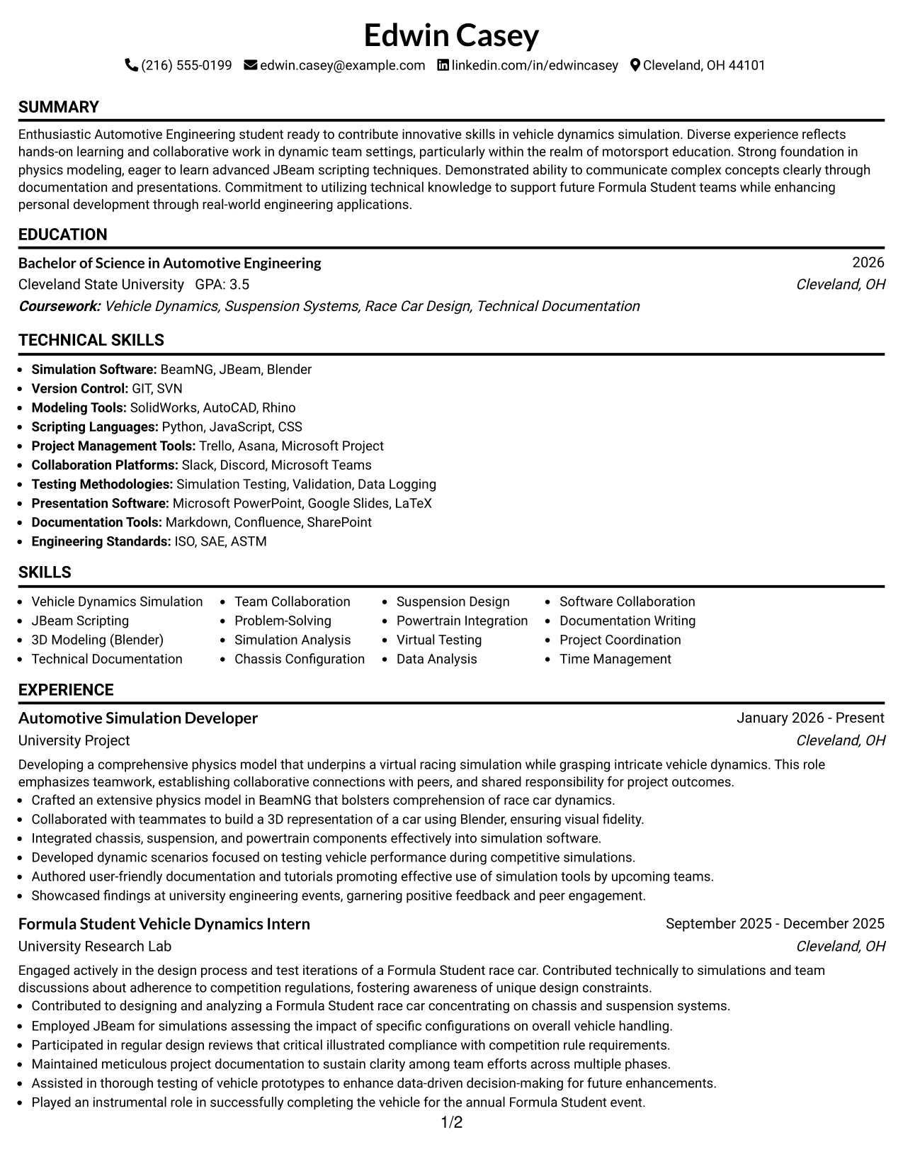 Resume Example Page 1