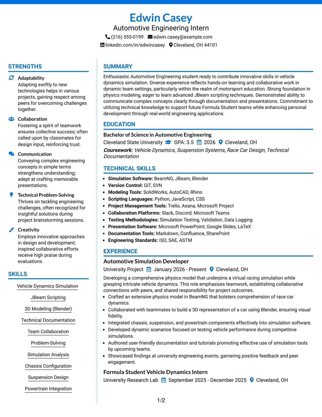 Resume Example Page 1