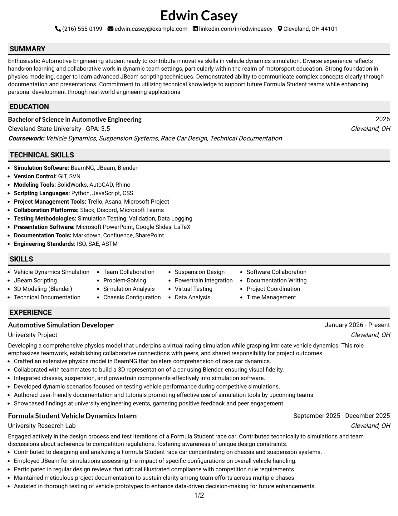 Resume Example Page 1