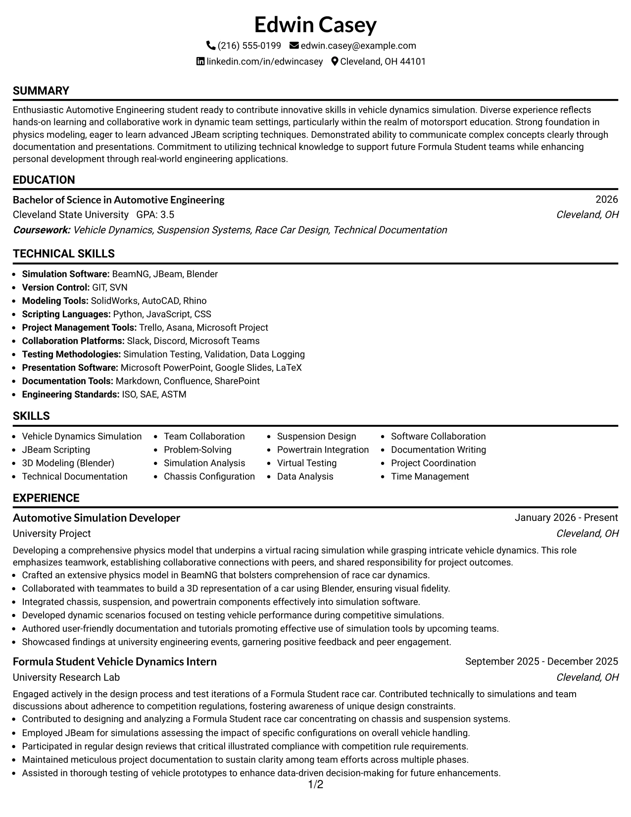 Resume Example Page 1