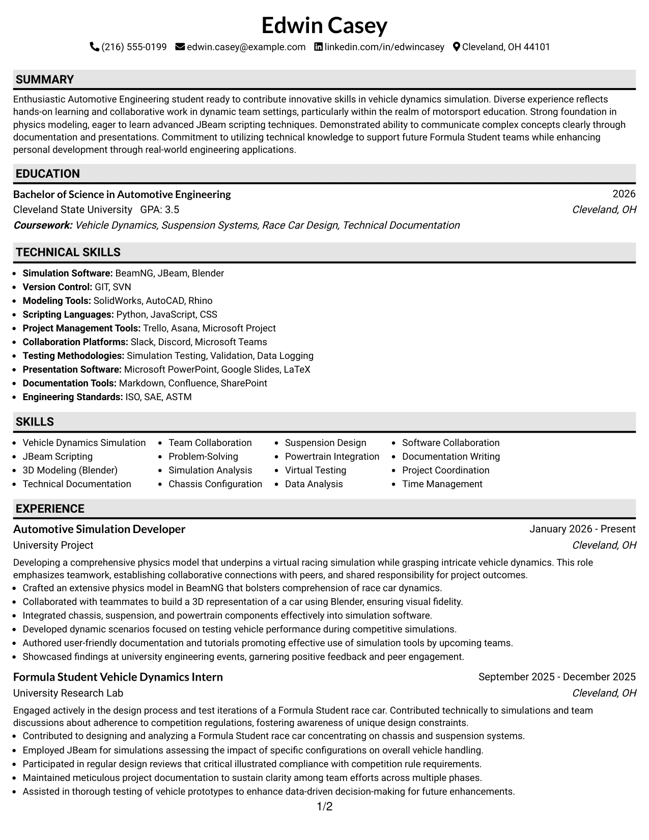 Resume Example Page 1