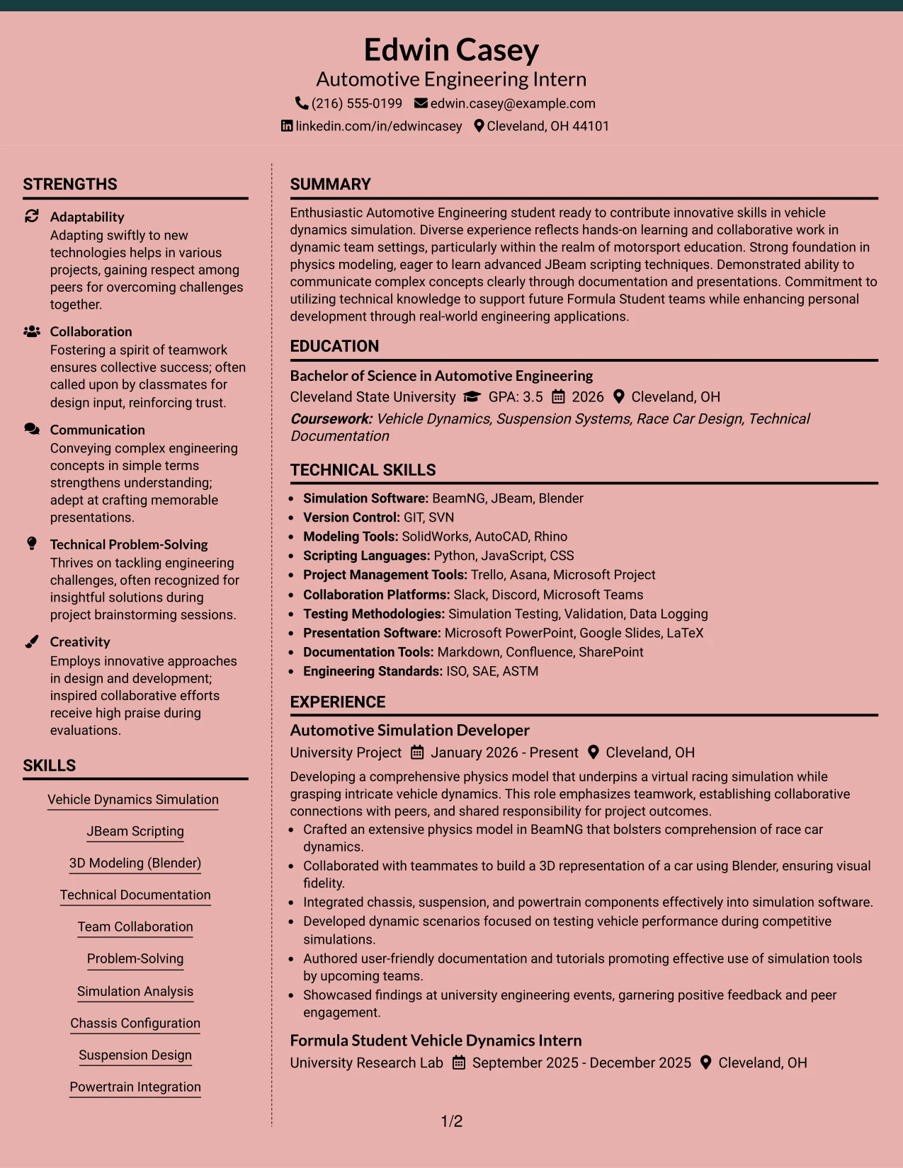 Resume Example Page 1