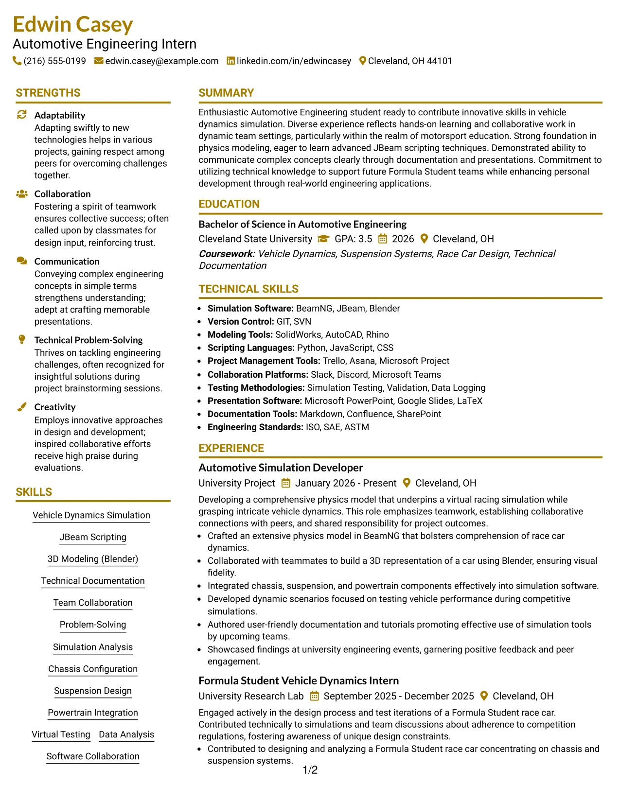 Resume Example Page 1