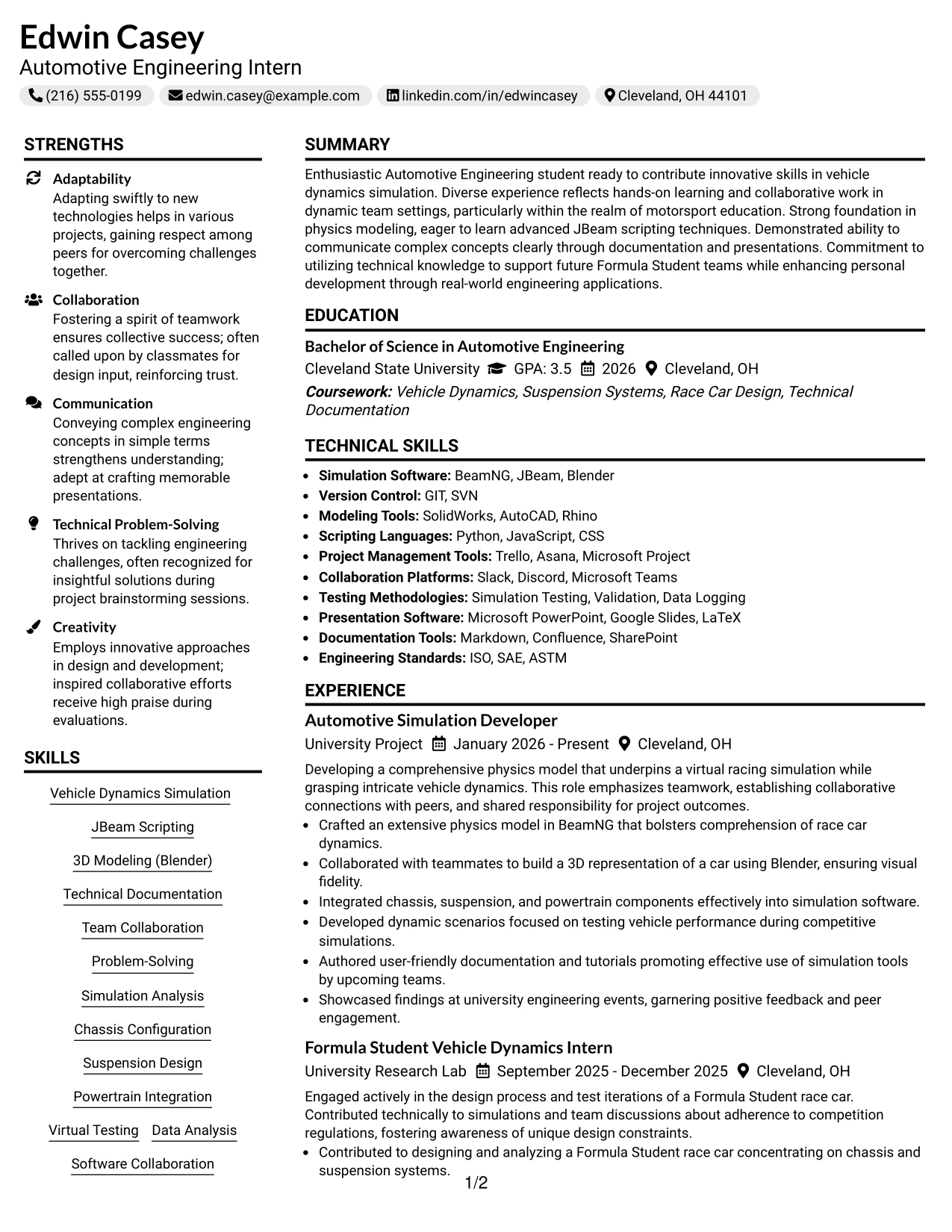 Resume Example Page 1