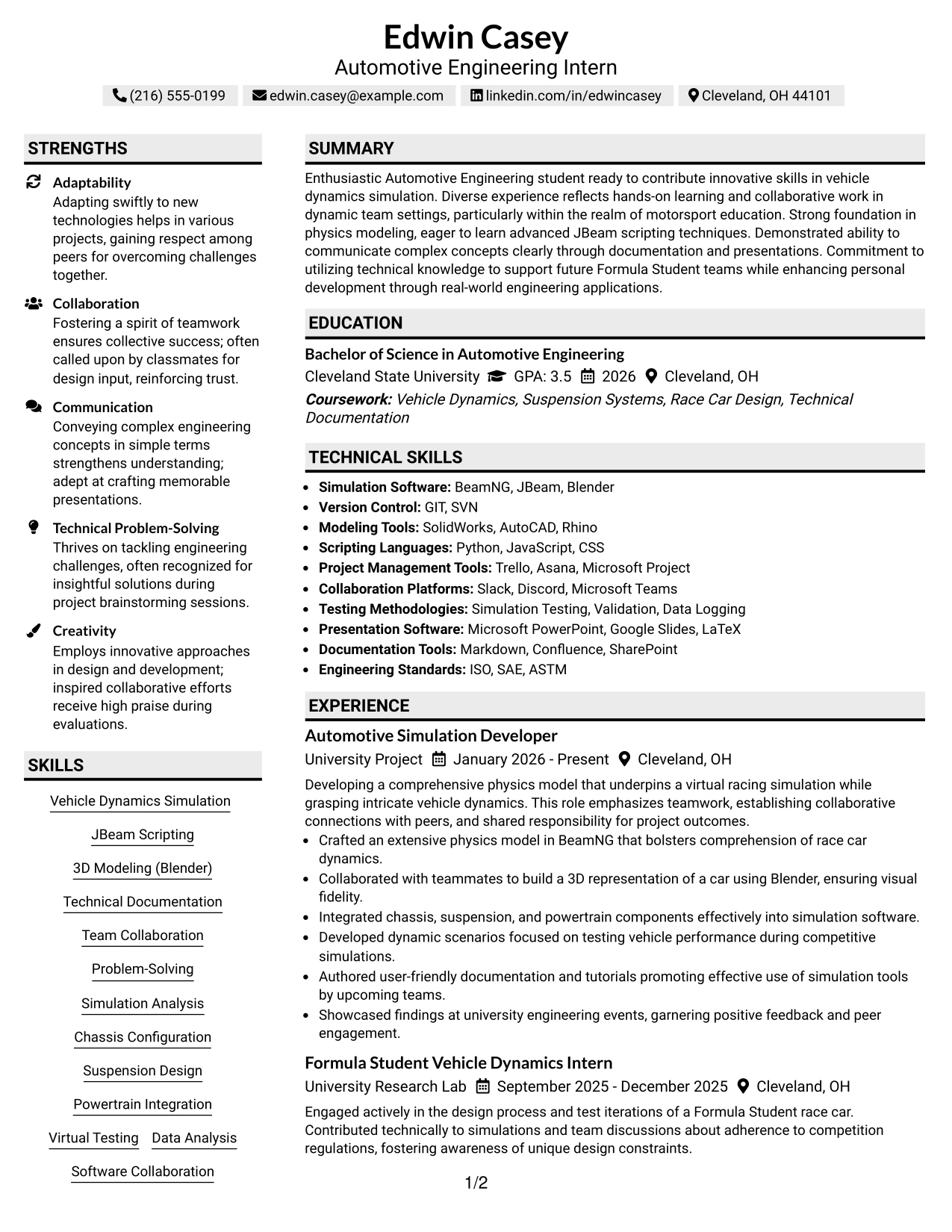 Resume Example Page 1