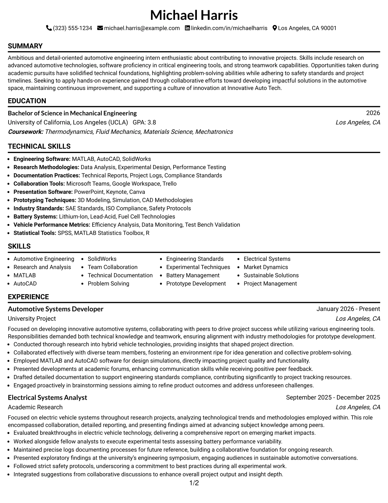 Resume Example Page 1