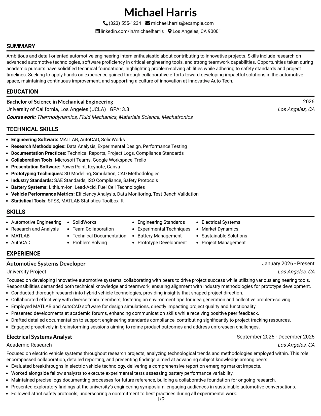 Resume Example Page 1
