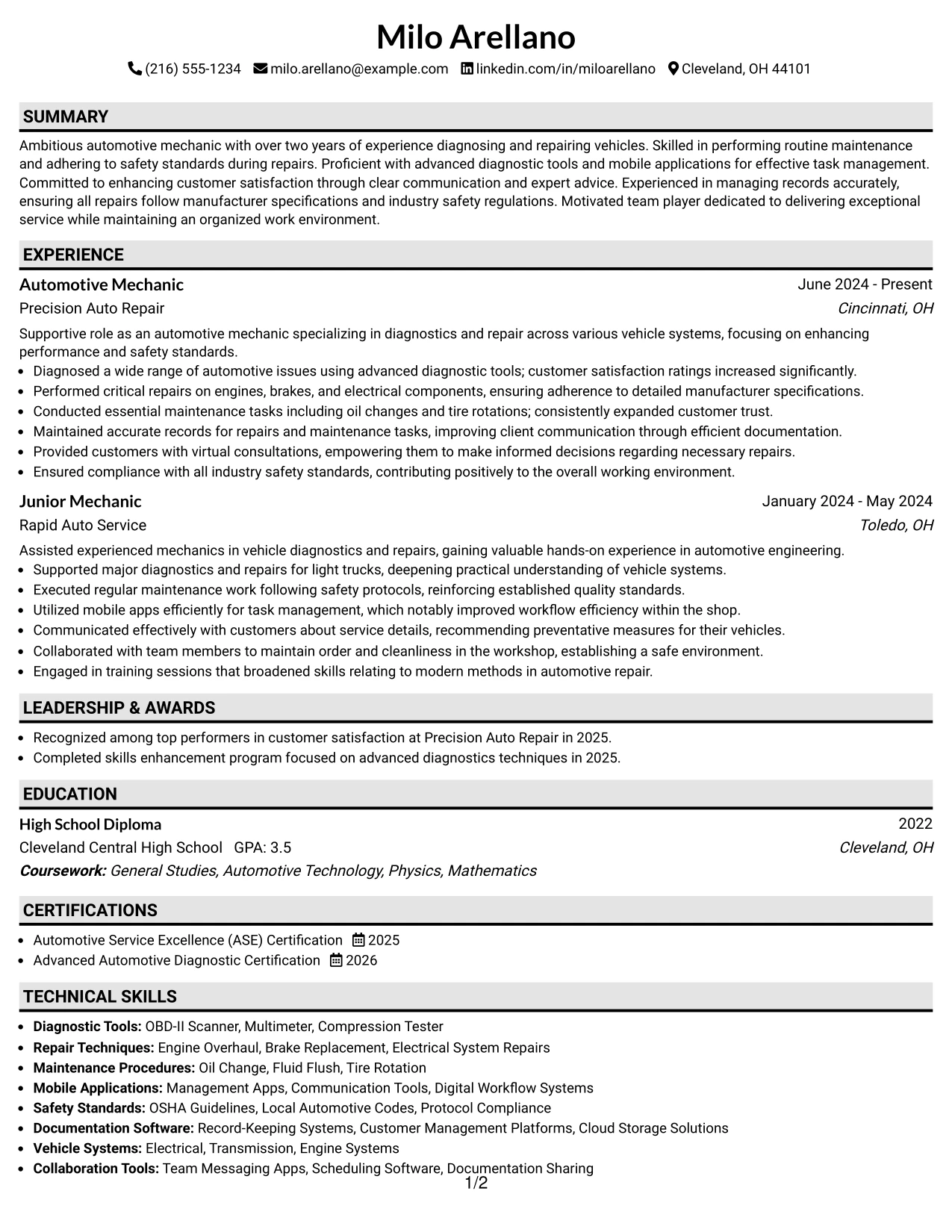 Resume Example Page 1