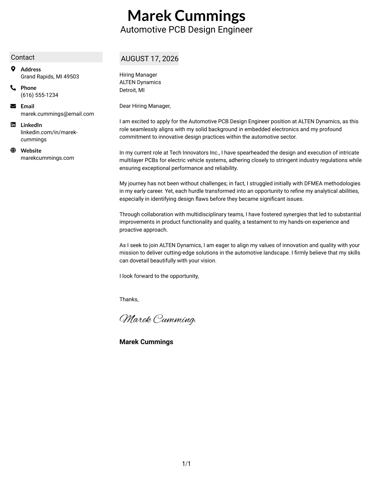 Resume Example Page 1