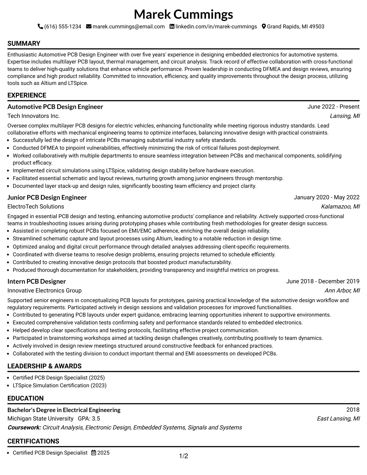 Resume Example Page 1