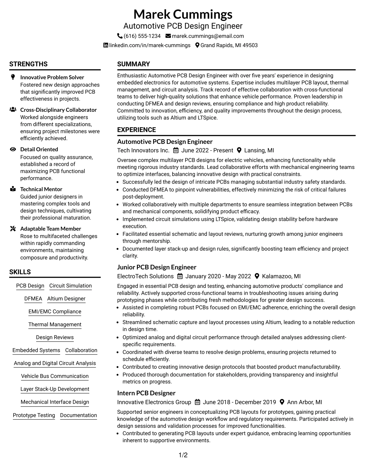 Resume Example Page 1