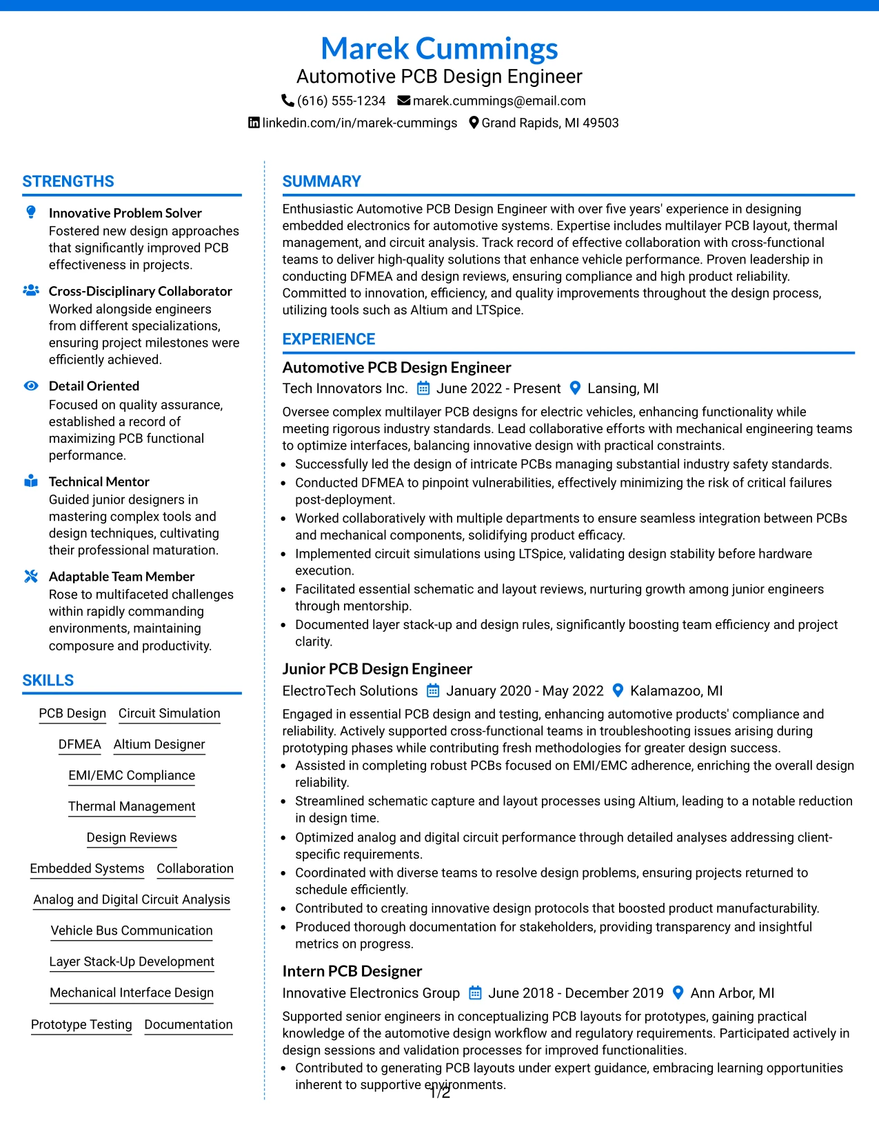 Resume Example Page 1
