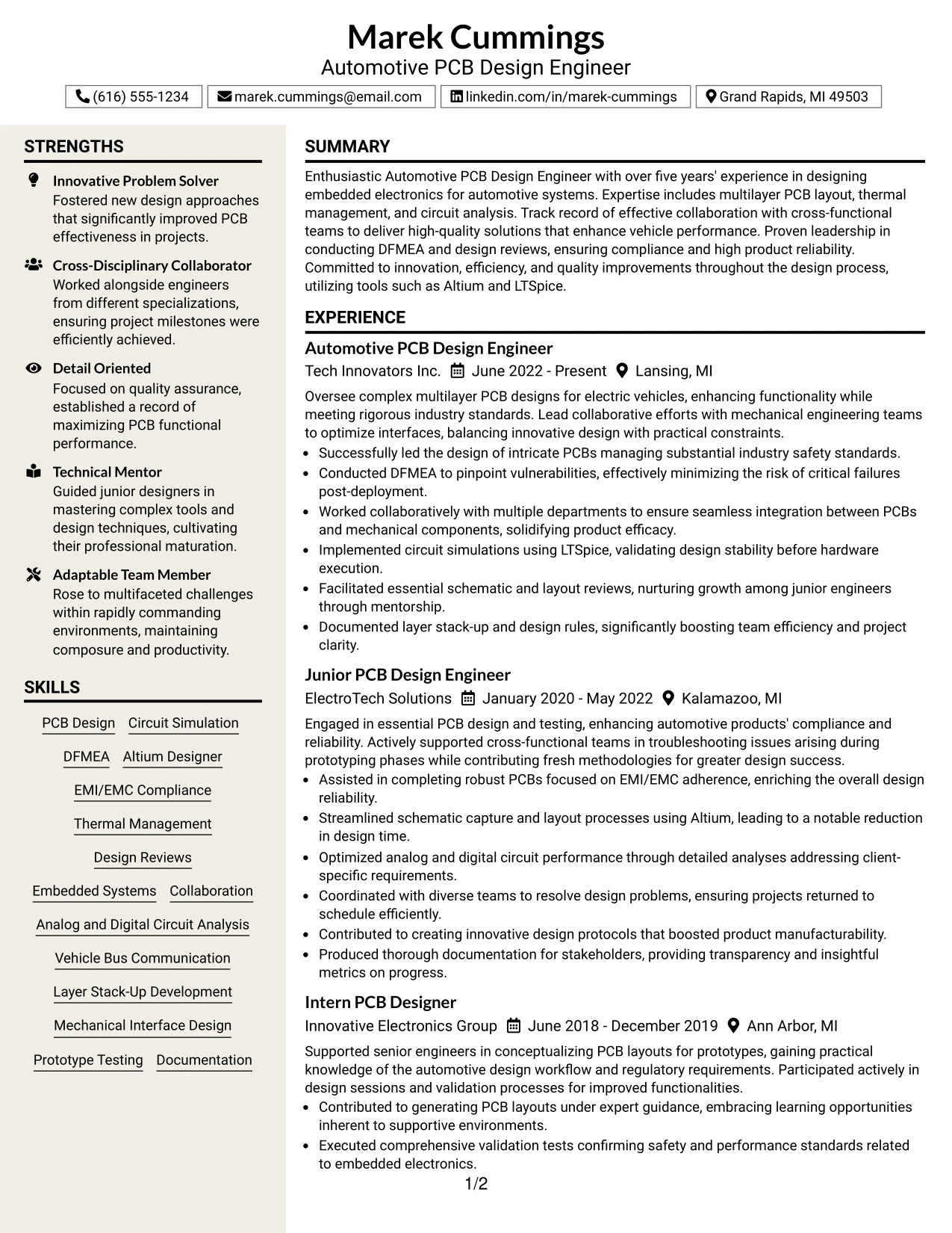 Resume Example Page 1