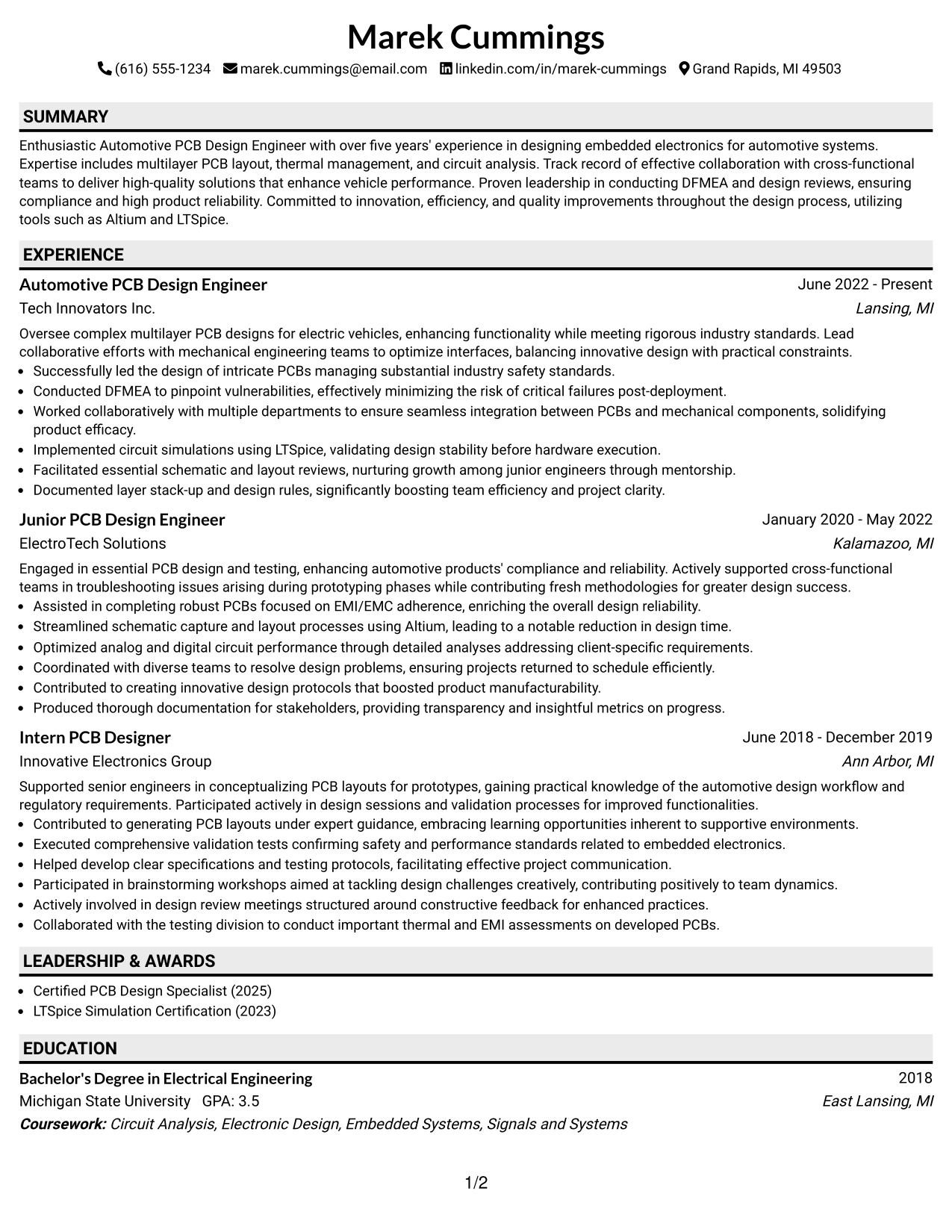Resume Example Page 1