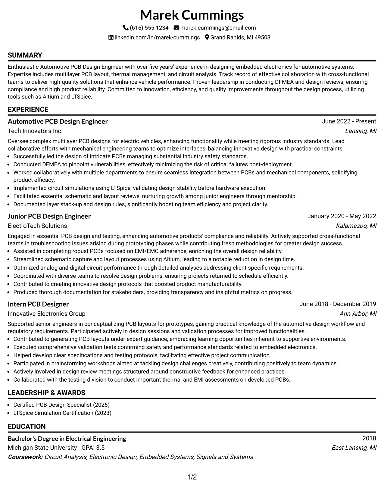 Resume Example Page 1