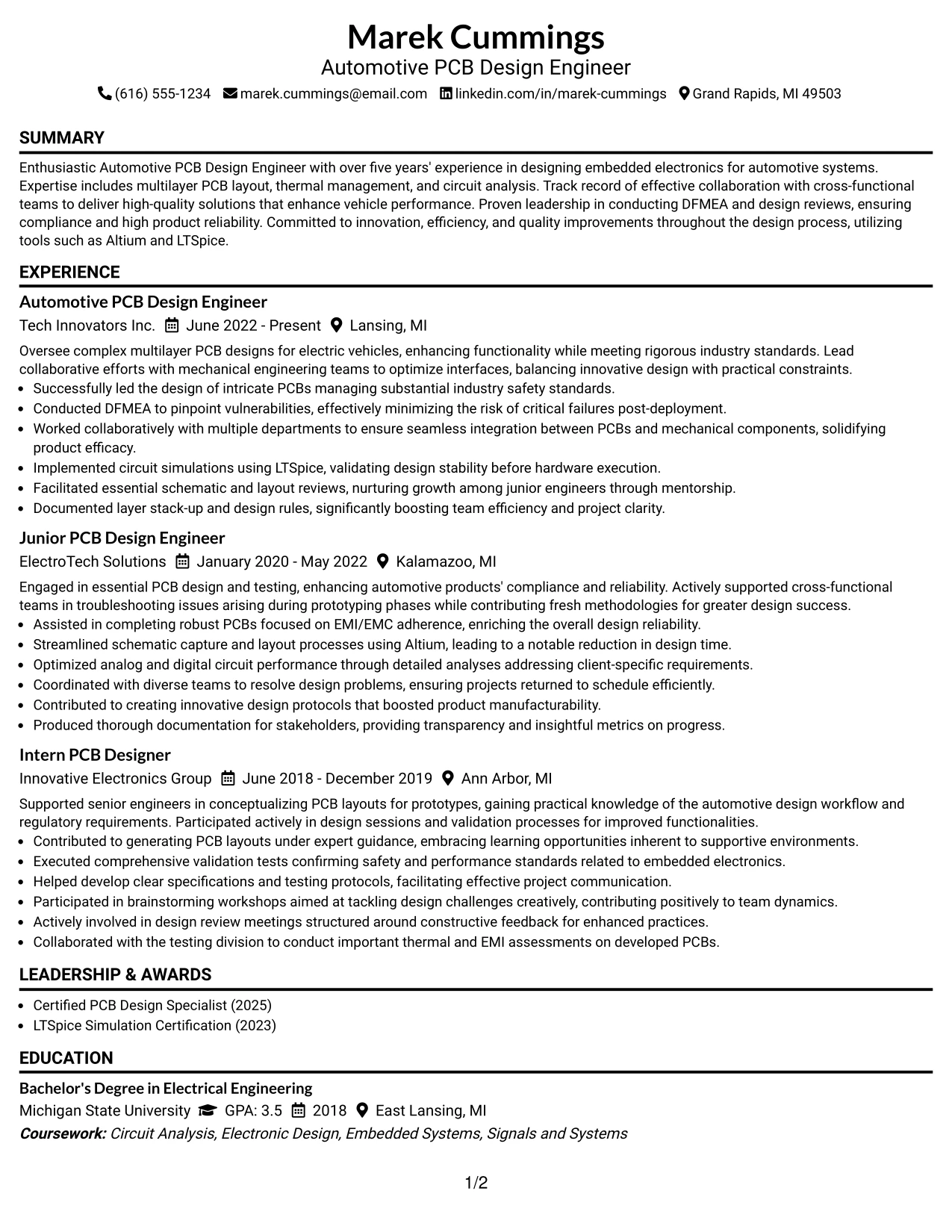 Resume Example Page 1