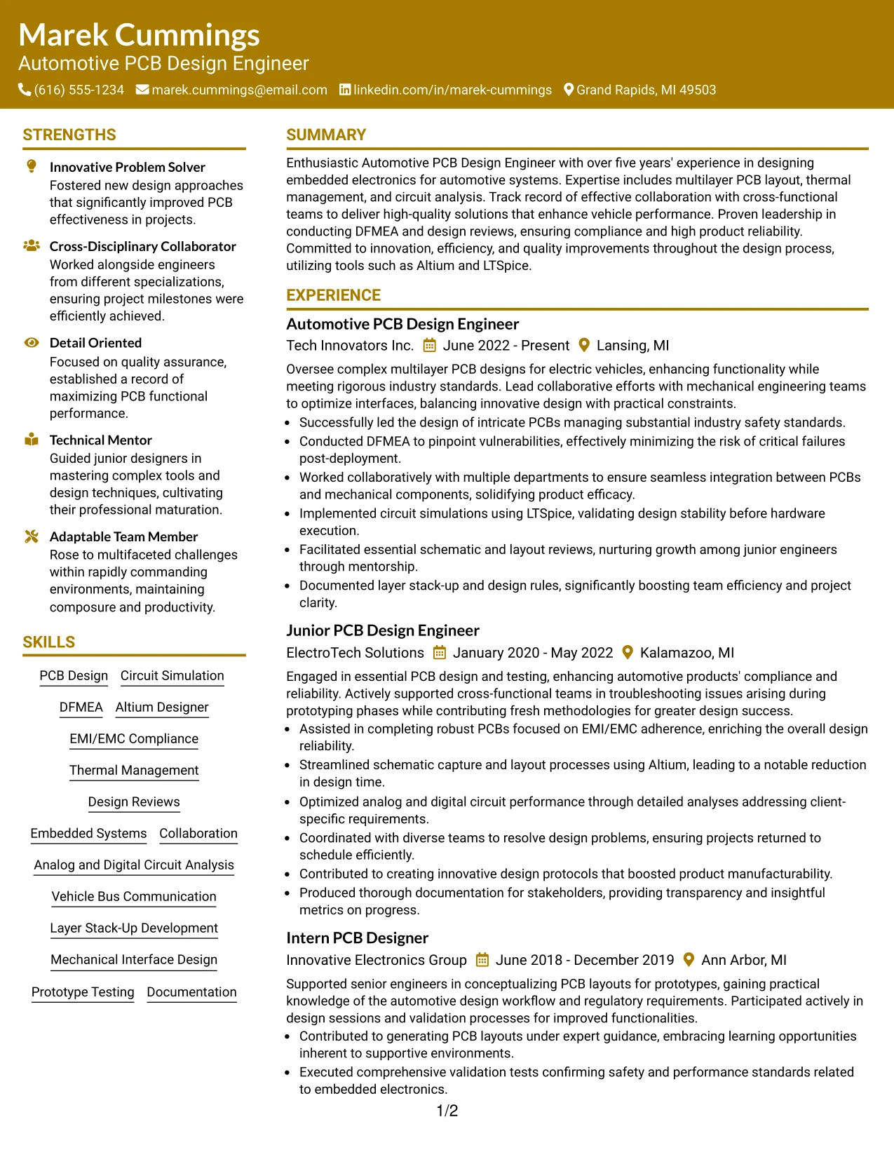 Resume Example Page 1