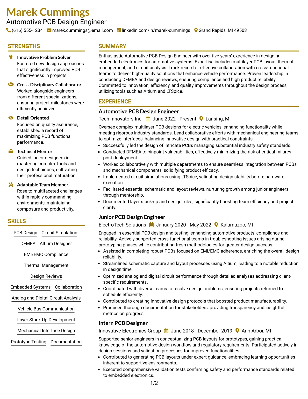 Resume Example Page 1