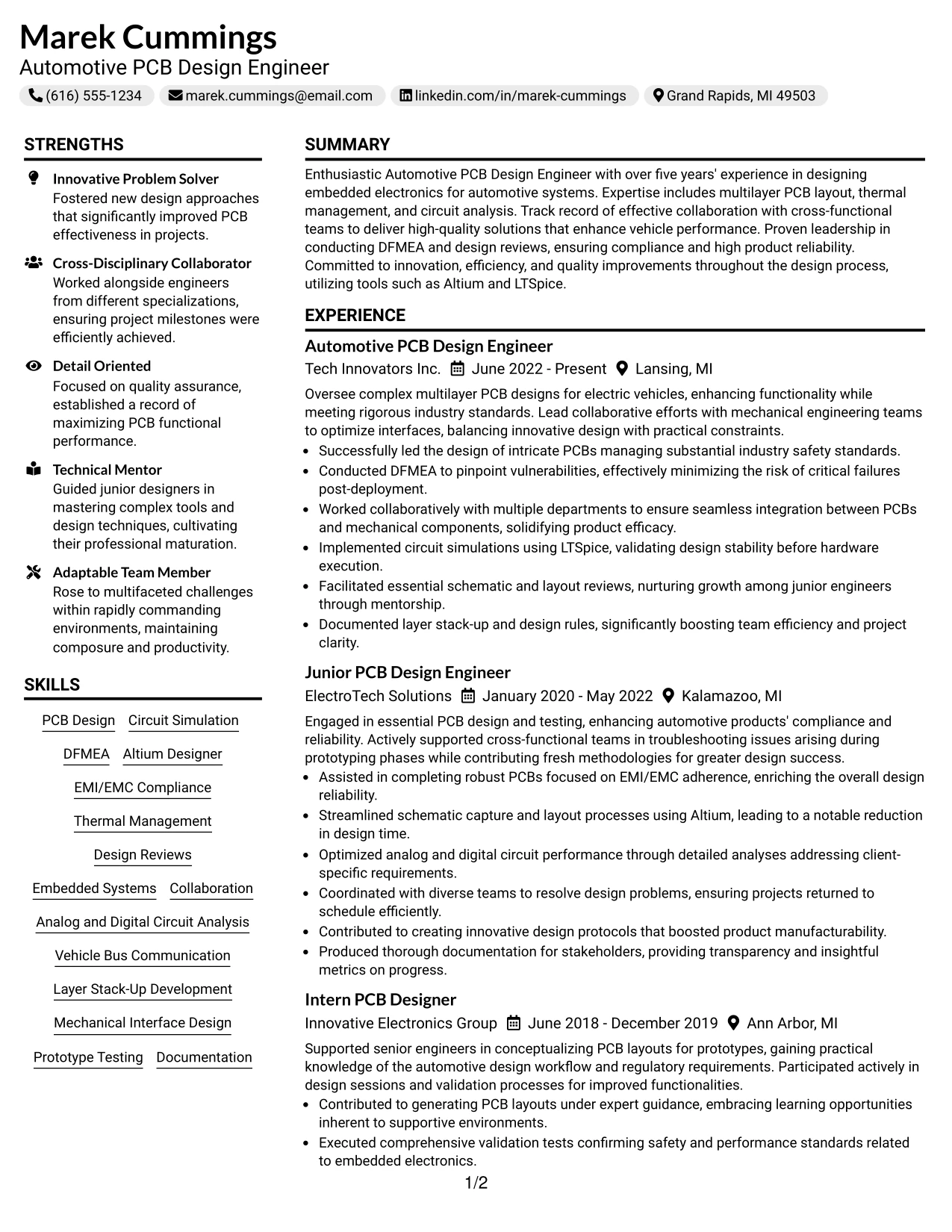 Resume Example Page 1