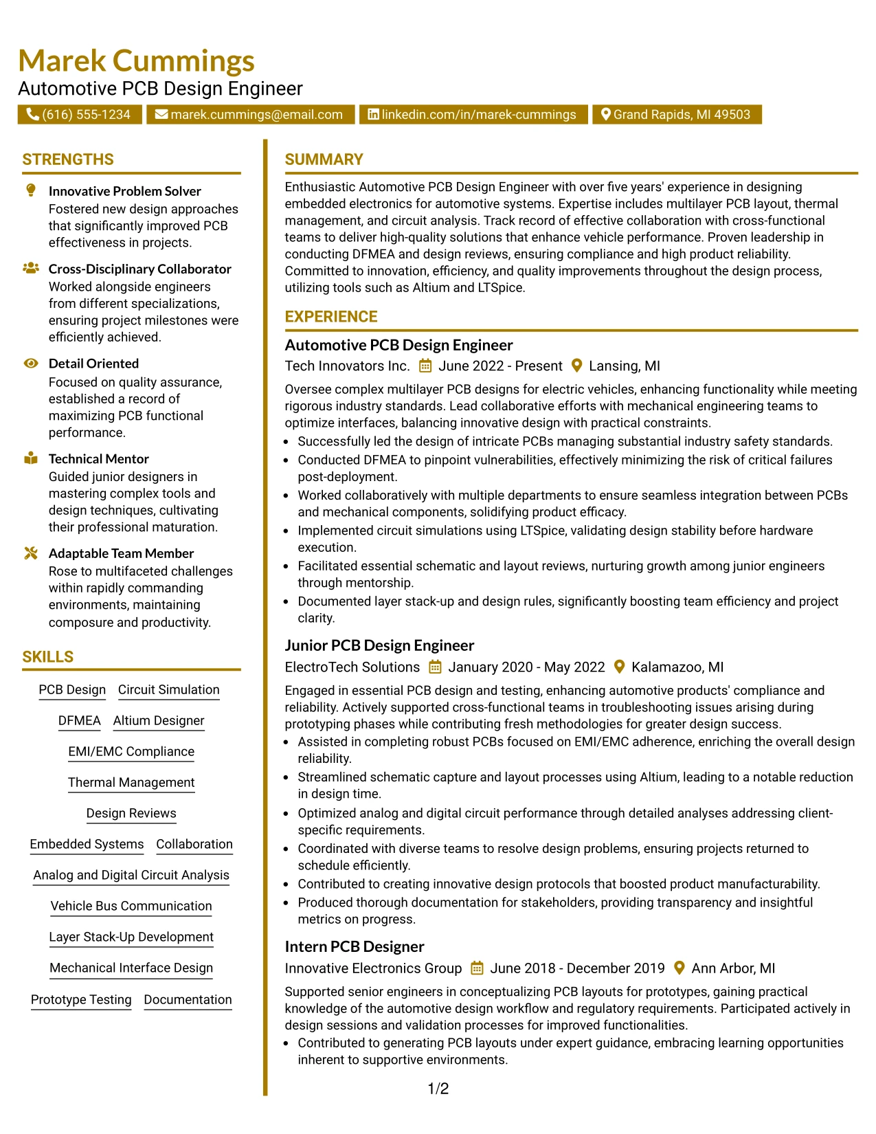 Resume Example Page 1