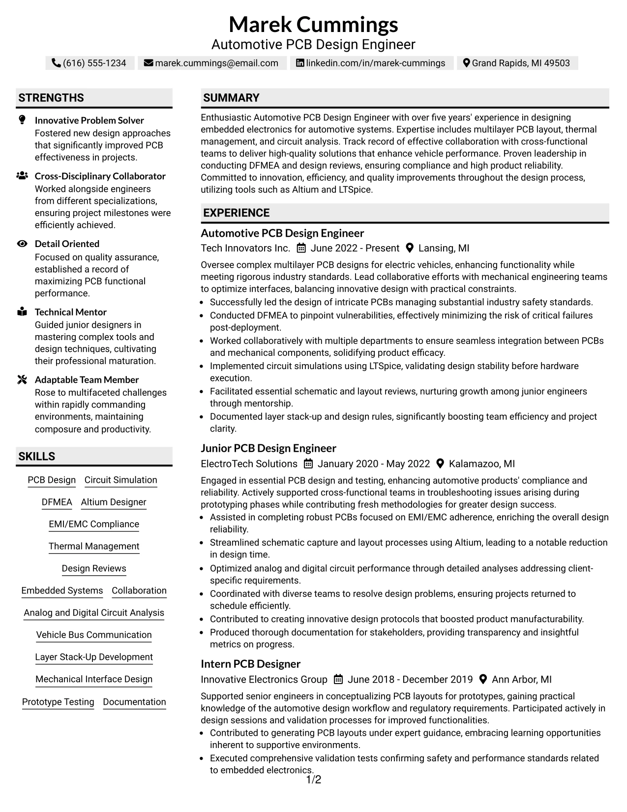 Resume Example Page 1