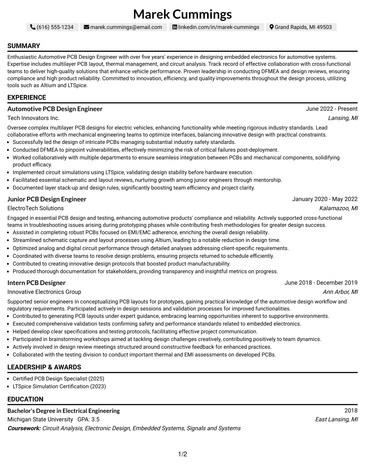 Resume Example Page 1