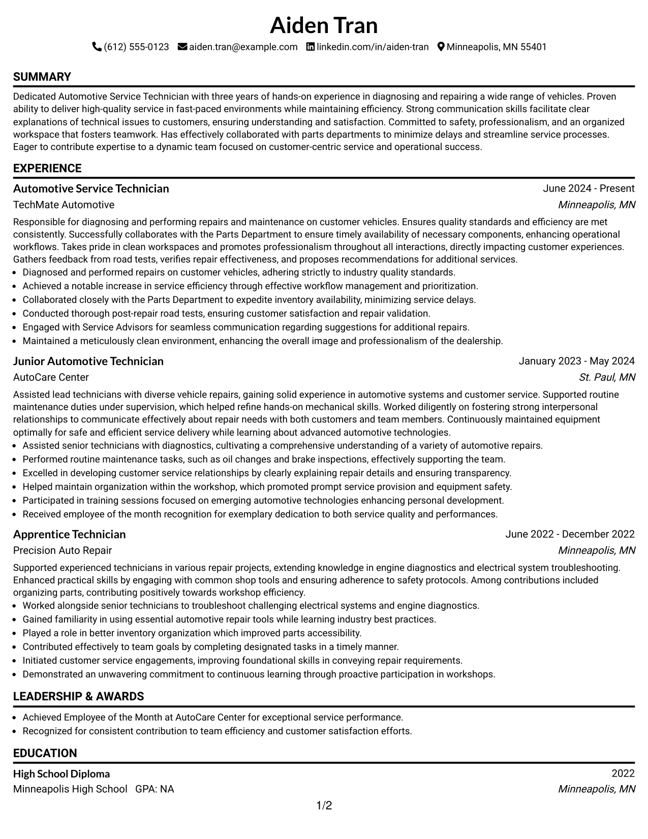 Resume Example Page 1