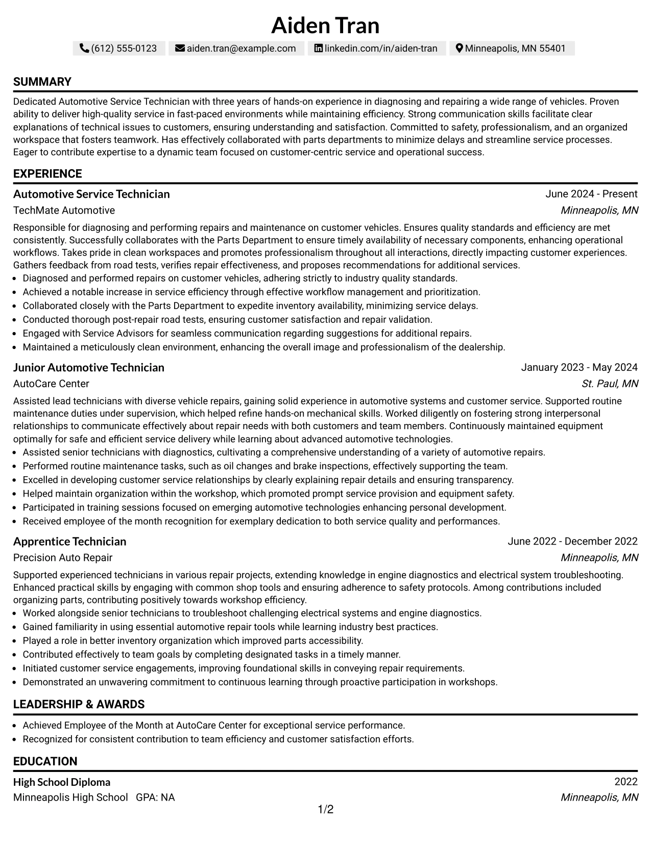 Resume Example Page 1