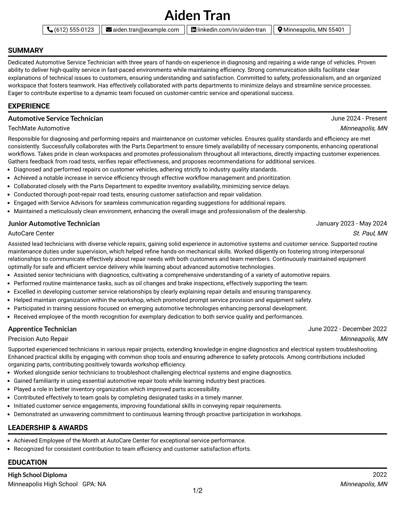 Resume Example Page 1