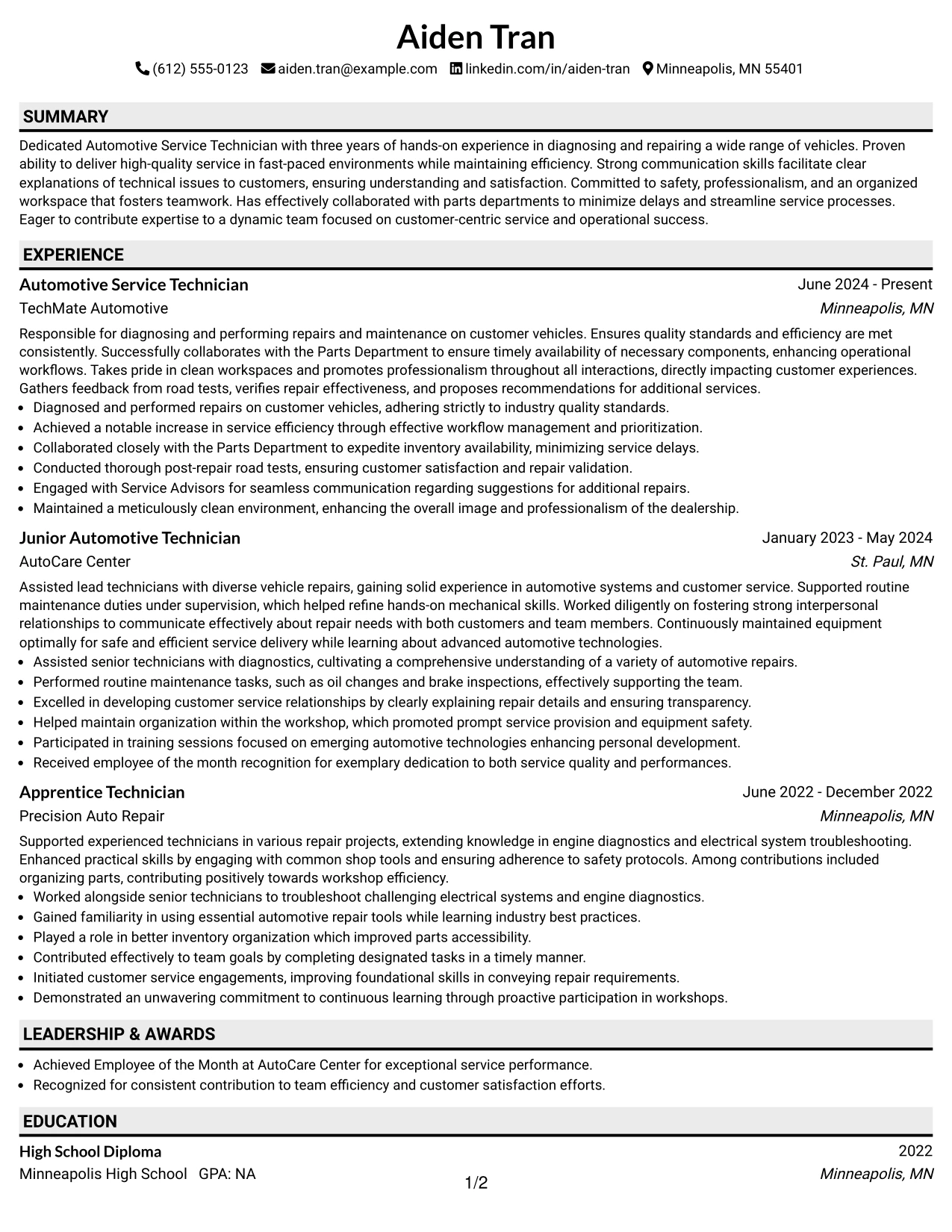 Resume Example Page 1