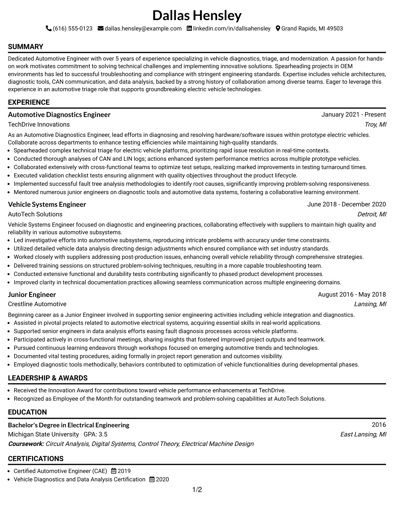 Resume Example Page 1
