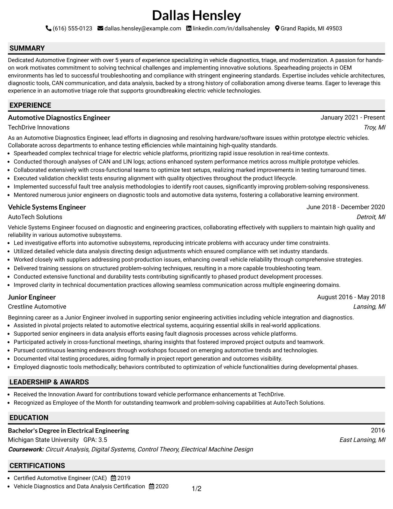 Resume Example Page 1