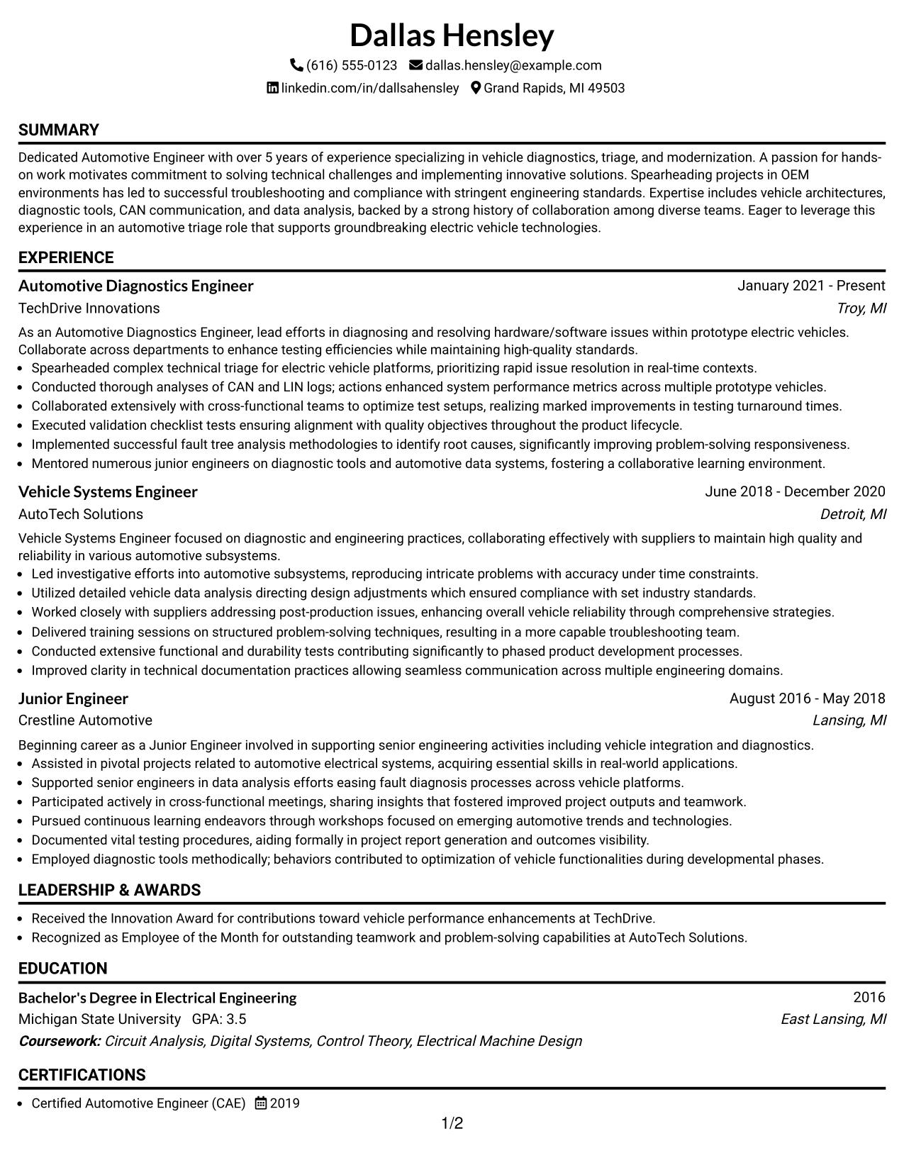 Resume Example Page 1