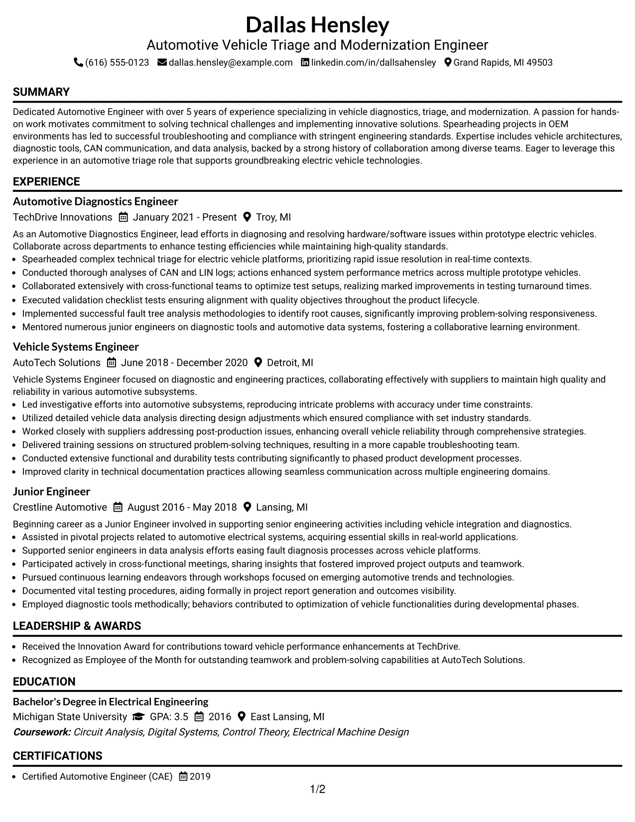 Resume Example Page 1