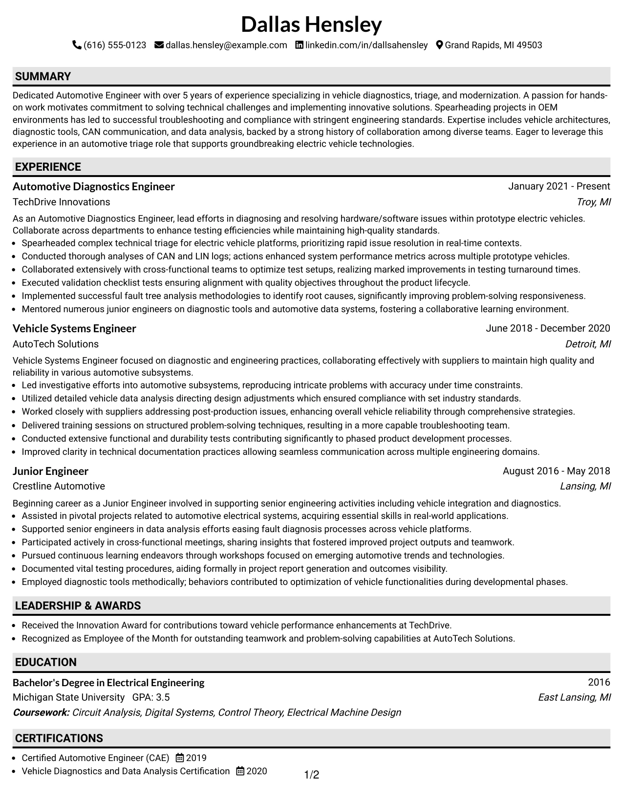 Resume Example Page 1