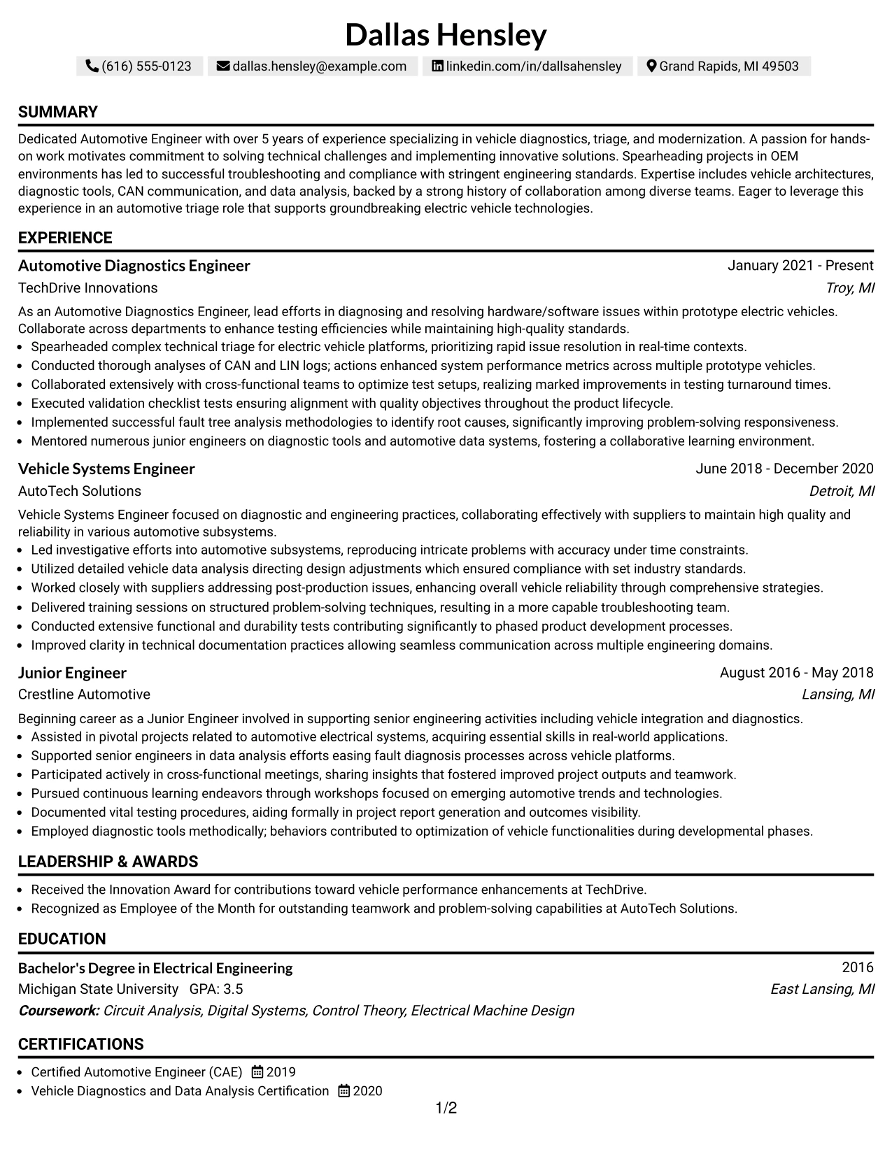 Resume Example Page 1