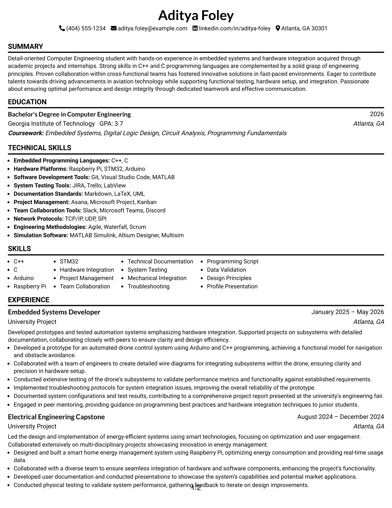 Resume Example Page 1