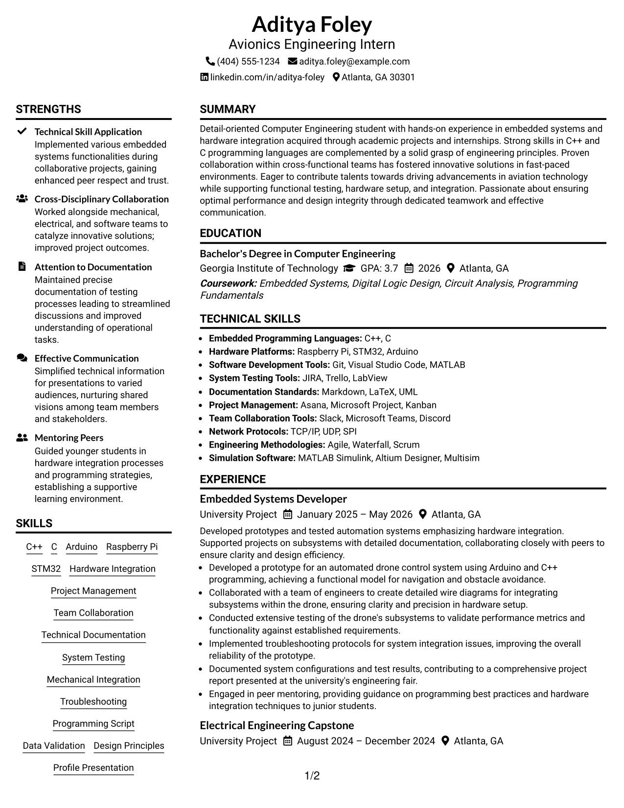 Resume Example Page 1