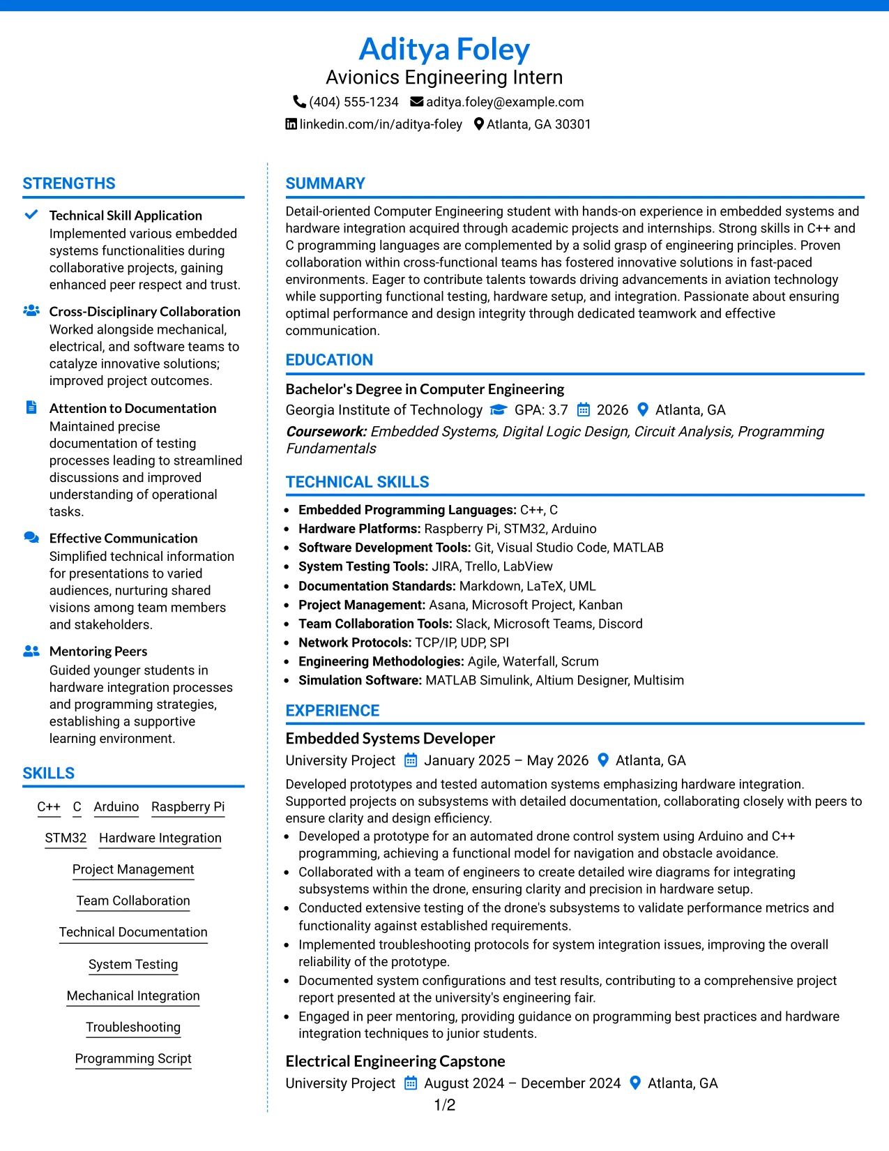 Resume Example Page 1