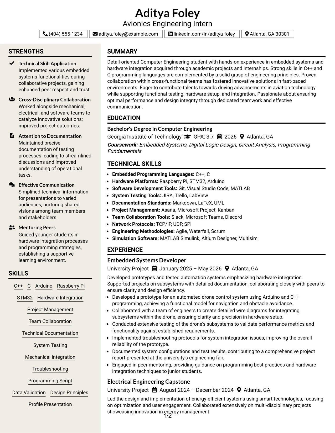 Resume Example Page 1