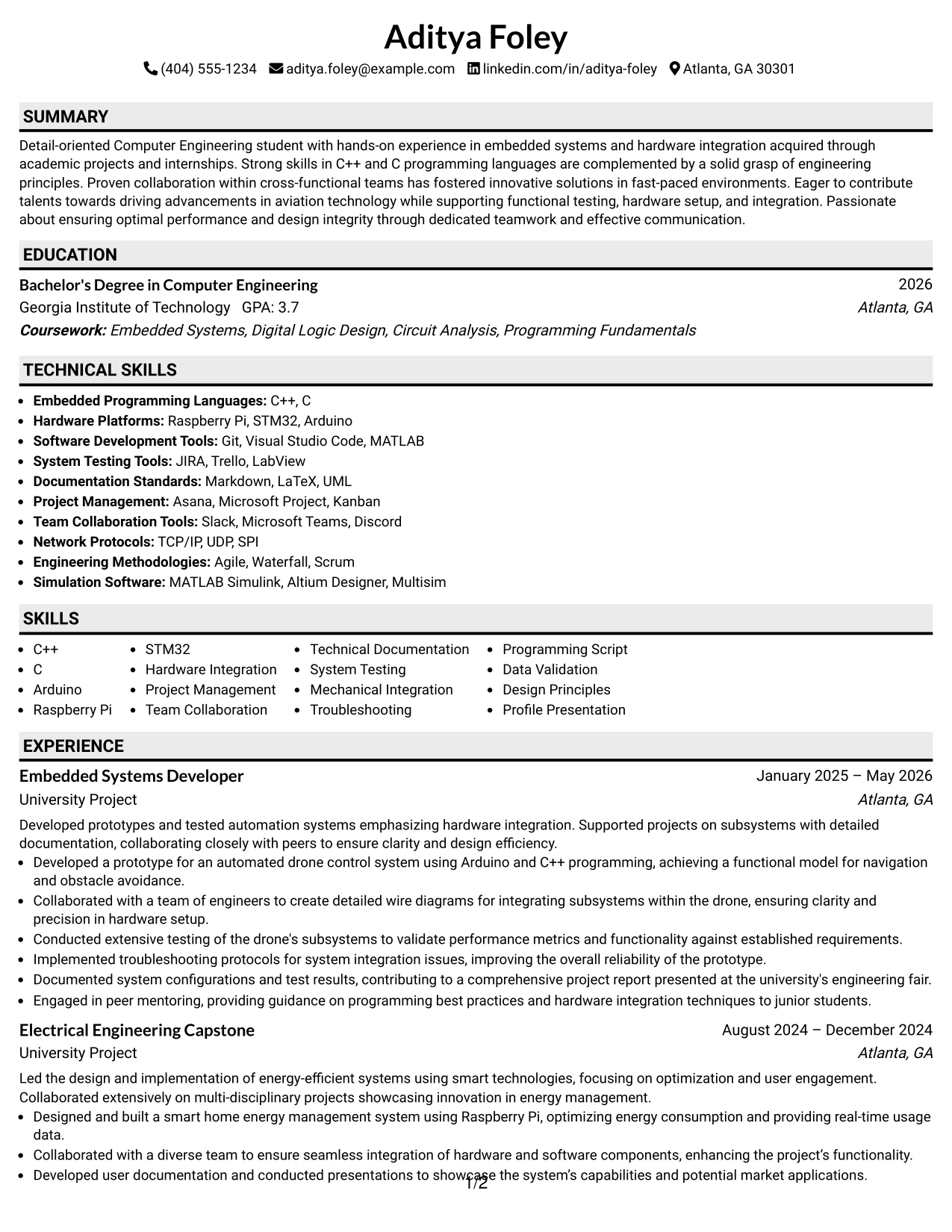 Resume Example Page 1