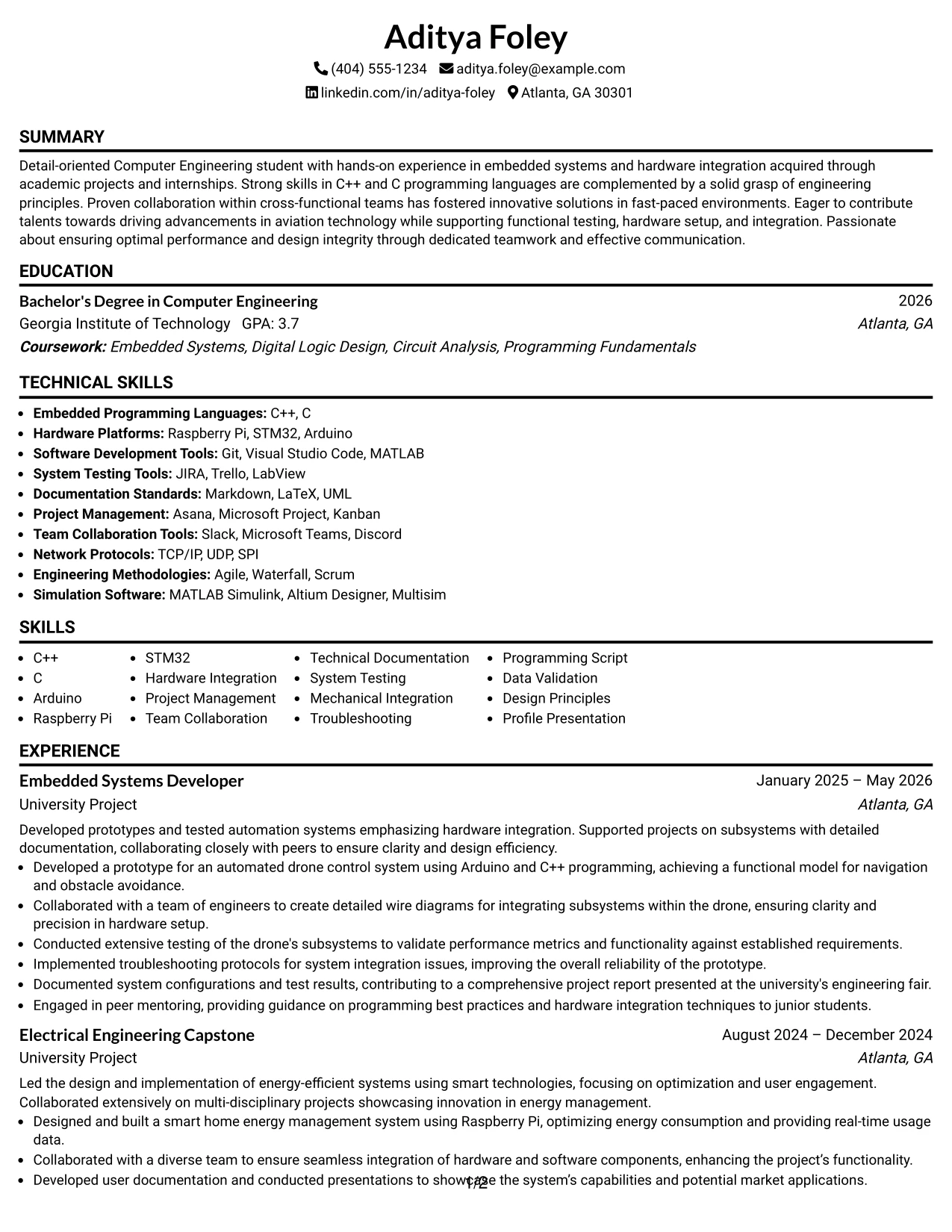 Resume Example Page 1