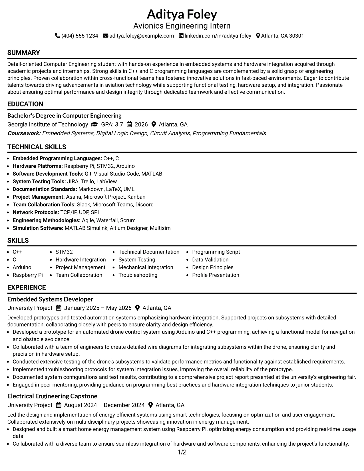 Resume Example Page 1