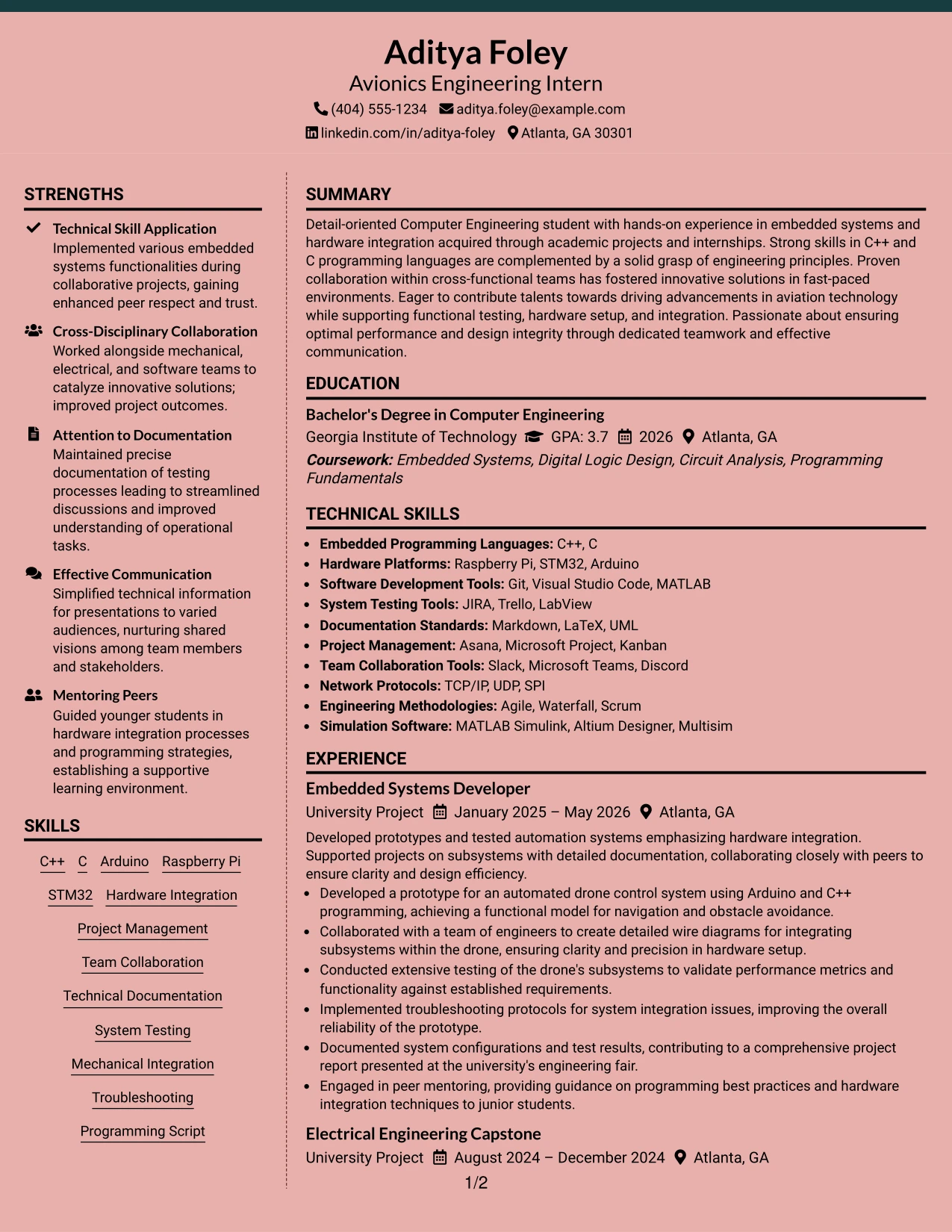 Resume Example Page 1