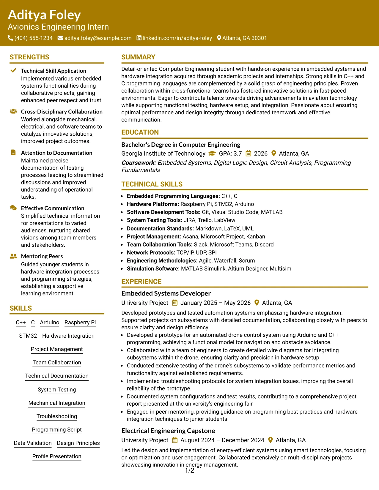 Resume Example Page 1