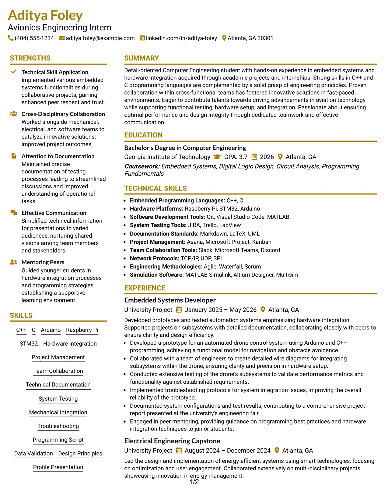 Resume Example Page 1