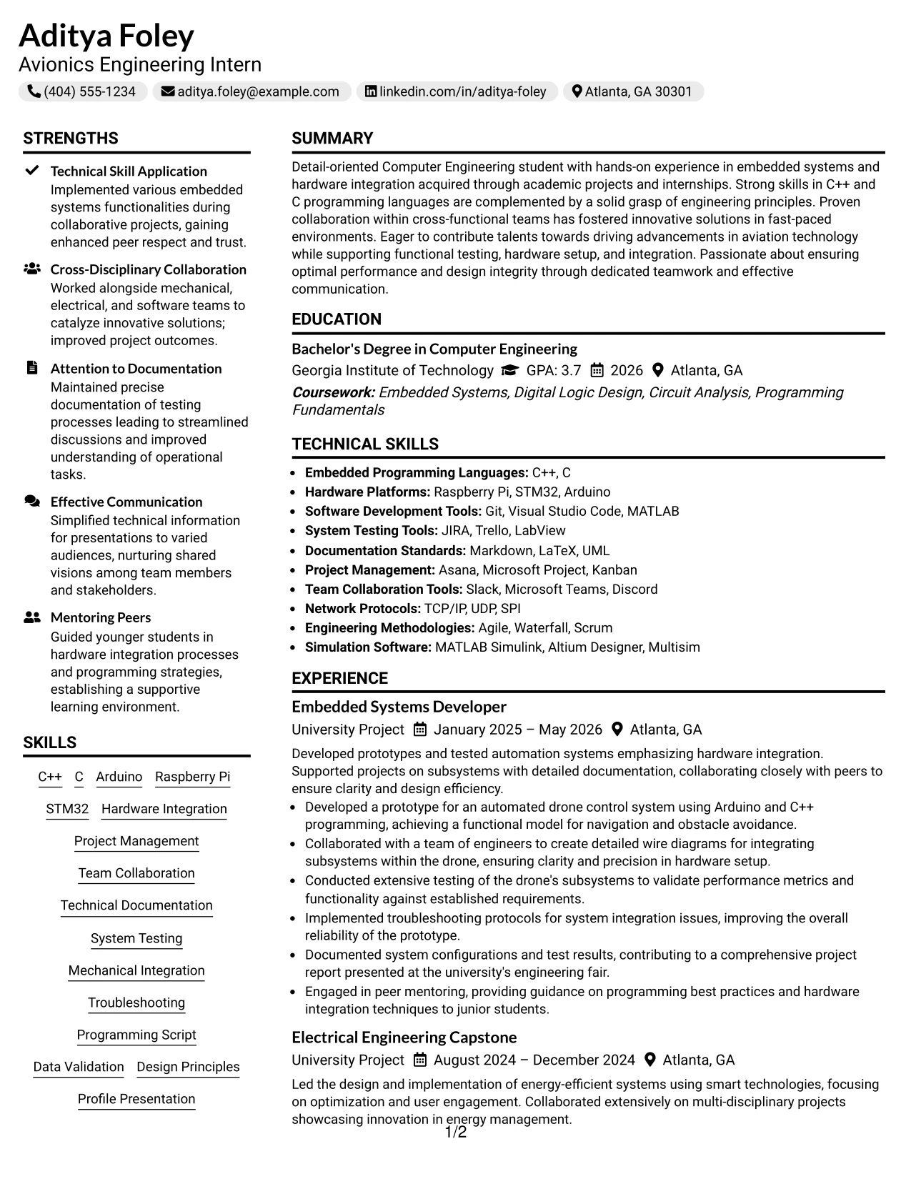 Resume Example Page 1