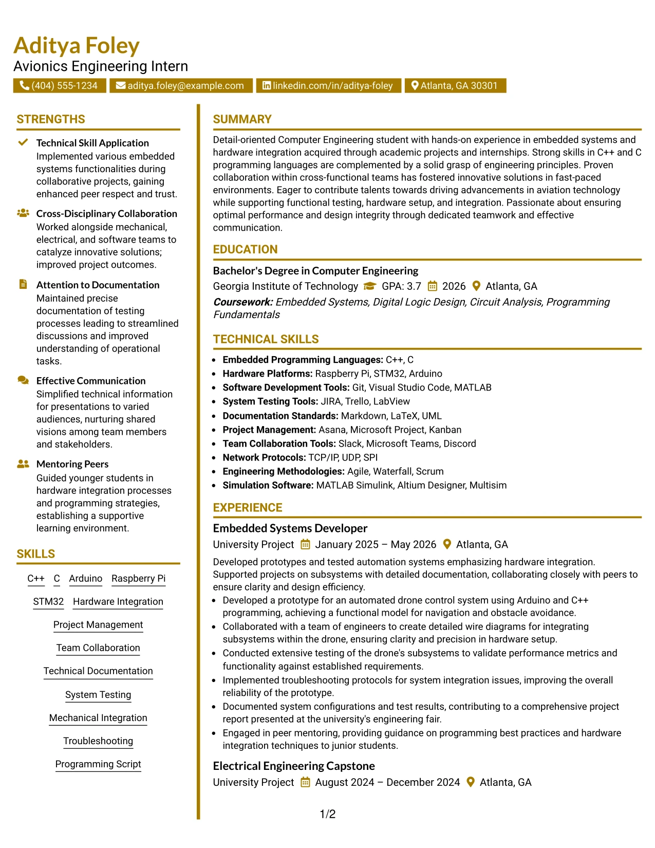 Resume Example Page 1