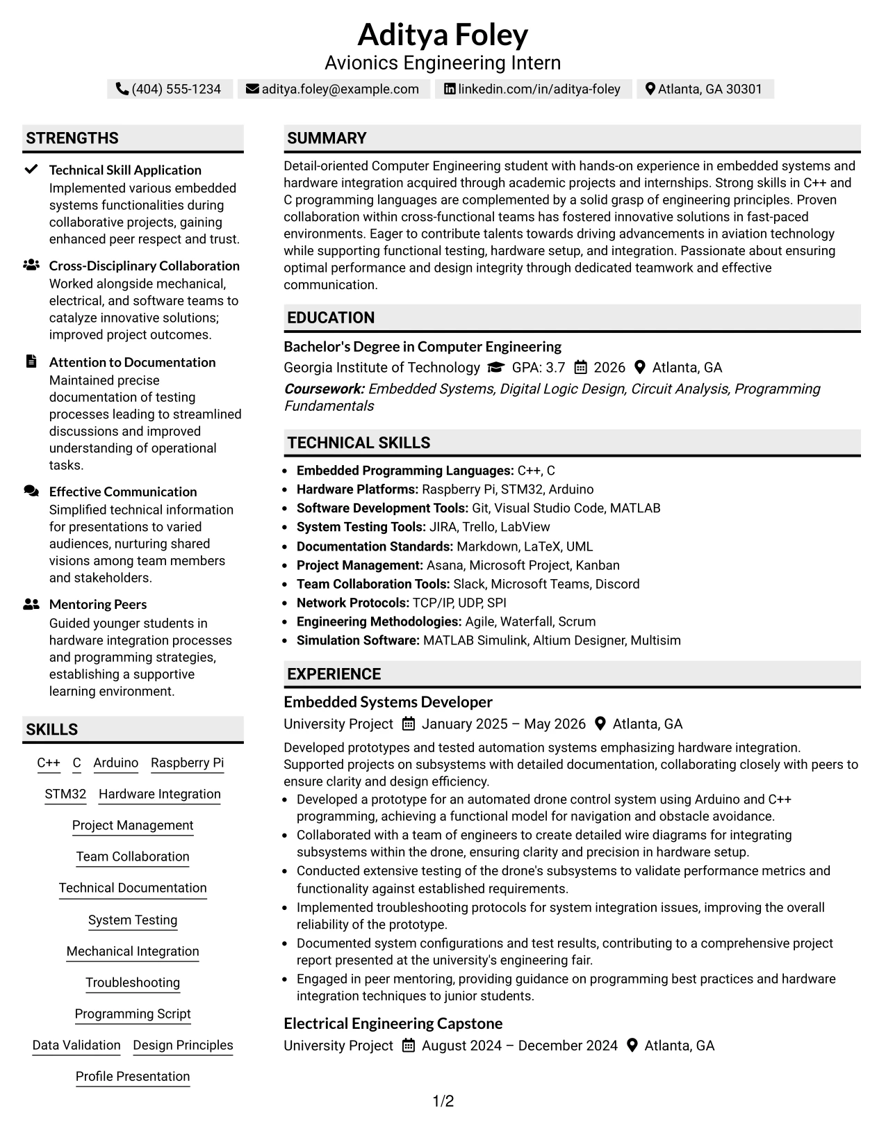 Resume Example Page 1