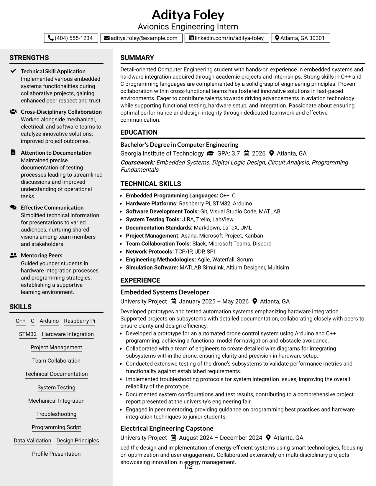 Resume Example Page 1